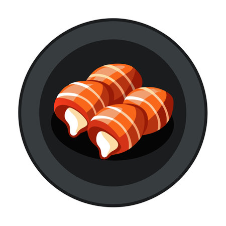Bacon wrapped scallops on a plate isolated on black background. AI generated. Vector iconのイラスト素材