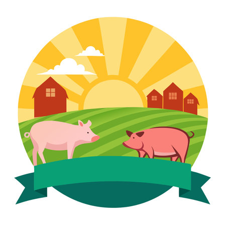 Farm pigs with sunlight. Agriculture industry swine banner.. AI generated. Vector iconのイラスト素材