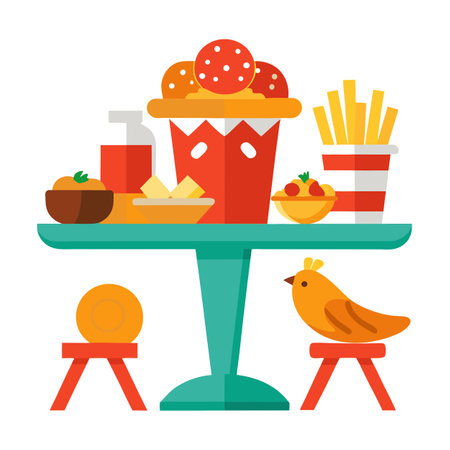 A table full of food including pizza, fries, and chicken wings. AI generated. Vector iconのイラスト素材