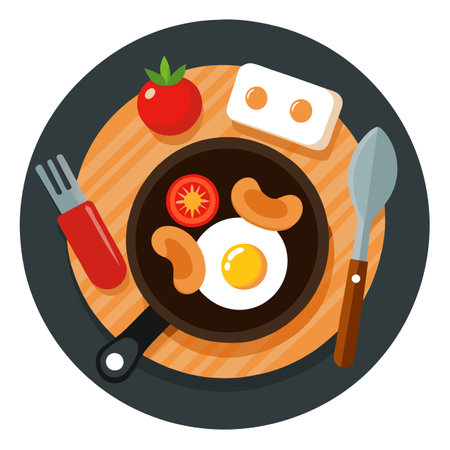 Frying pan with cooked traditional English breakfast on wooden table. AI generated. Vector iconのイラスト素材