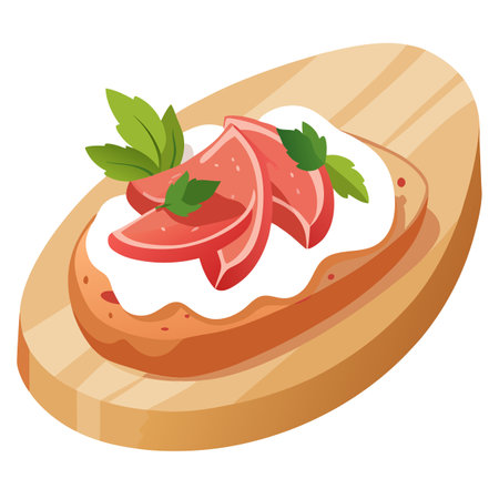 Bruschetta with prosciutto and cream cheese on wooden table.Macro.. AI generated. Vector iconのイラスト素材