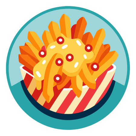 Loaded French fries with crispy bacon cheese sauce and spring onion. AI generated. Vector icon