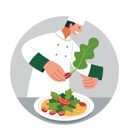 A chefs hand garnishing a finished spinach and bacon salad with herbs. AI generated. Vector iconのイラスト素材