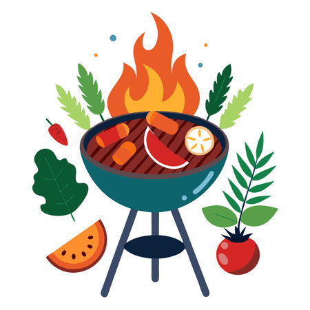 Grilled meat and vegetables and herbs cooked on fire as a barbecue, delicious food. AI generated. Vector iconのイラスト素材