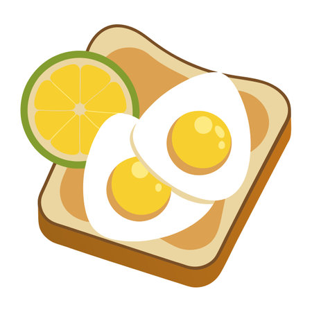 Two eggs atop a slice of bread on a pristine white counter, adjacent to lemon wedges. AI generated. Vector iconのイラスト素材