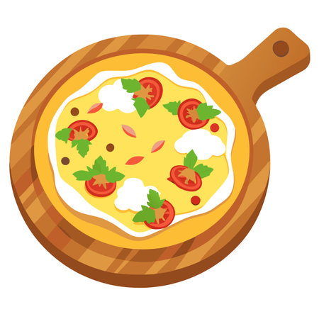 Close-up of breakfast pizza with scrambled eggs, bacon, cheddar cheese, and fresh parsley on a woode. AI generated. Vector iconのイラスト素材