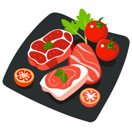 Fresh raw beef meat slices, bacon and vegetables like tomatoes, parsley and pepper laying on a black. AI generated. Vector iconのイラスト素材
