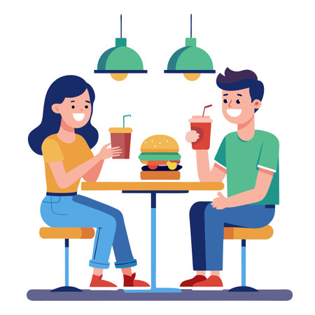 Happy couple eating burger sitting at pub restaurant fast food table - Young people having lunch bre. AI generated. Vector iconのイラスト素材