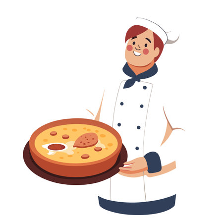 Cook serving a Quiche Lorraine, a classic French savory tart made with a buttery pastry crust filled. AI generated. Vector iconのイラスト素材