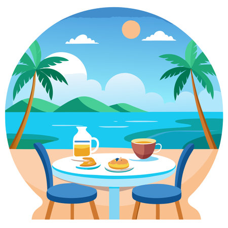 Luxury breakfast table beautiful tropical sea sky background. Idyllic romantic morning love couples. AI generated. Vector iconのイラスト素材