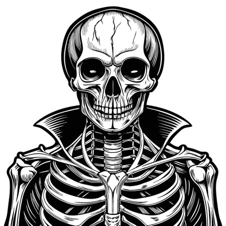 A black and white photo of a human skeleton. Suitable for educational purposes or Halloween-themed...