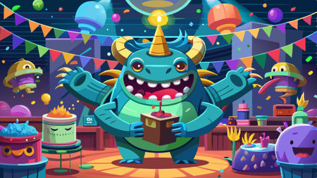 A cartoon monster celebration - created with technology. AI generated. Vector iconのイラスト素材