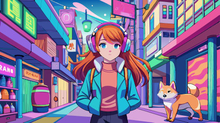 A girl and Shibainu walking on the streets of Harajuku, listening to music with stylish headphones...