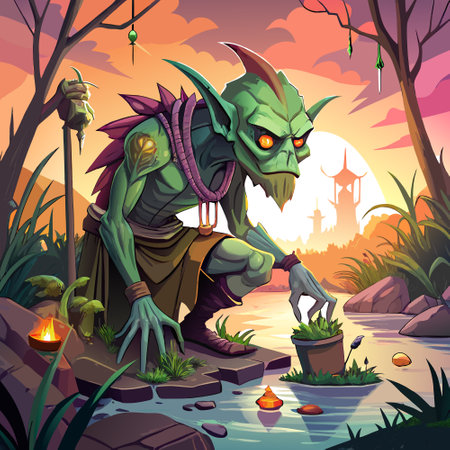 A creepy swamp demon inspecting his possessions at sunset. Realistic digital illustration. Fantastic...