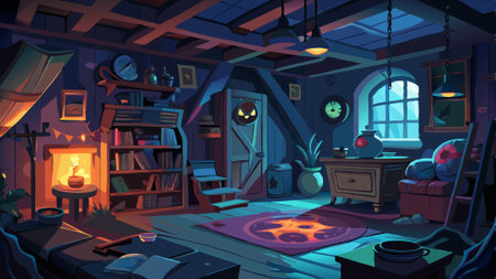 A dimly lit room sparks an eerie atmosphere of darkness, anxiety, depression and fear. . AI generated. Vector iconのイラスト素材