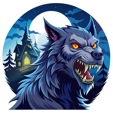 A portrait of scary wolf, hairy Werewolf growling in the moonlight over a full moon shining on a dark scary mystery foggy forest with a gothic house under the moon. Technology. AI generated. Vector iconのイラスト素材