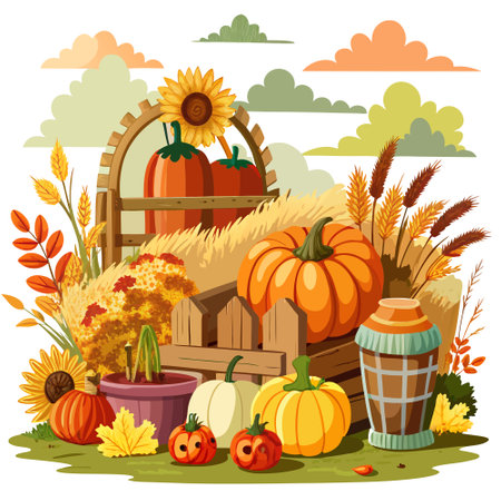 A rustic scene of hay bales, pumpkins, and chrysanthemums - Country Fall - . AI generated. Vector iconのイラスト素材