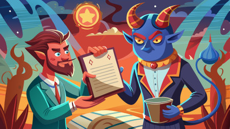A pact with the devil. The devil holds a document in his hands. AI generated. Vector icon