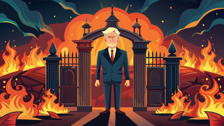A politician or a business man standing at the gates of hell awaiting the eternal suffering he...
