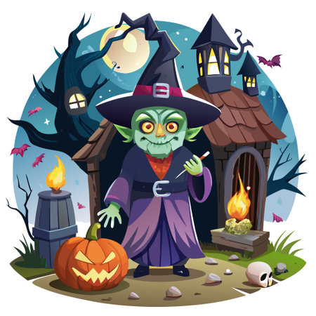 A scary ugly witch stands in an abandoned witch's den. Halloween. Scary tales.. AI generated. Vector iconのイラスト素材