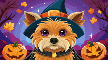 A photograph of cute yorkshire terrier dog use witch hat for halloween celebration. AI generated. Vector iconのイラスト素材