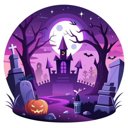 A spooky Halloween in a misty Grave yard with purple dark lights. AI generated. Vector iconのイラスト素材