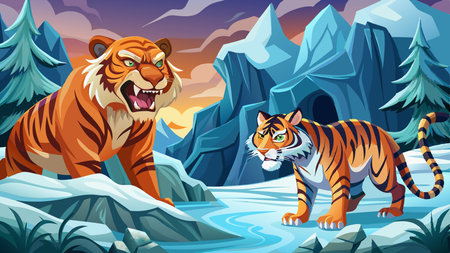 A warm good tiger against a cold bad tiger face to face. . AI generated. Vector icon