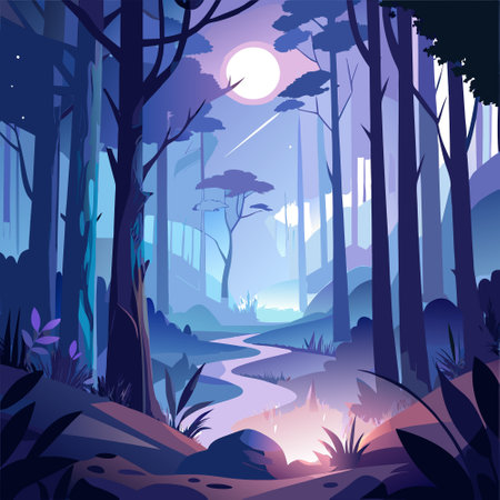 An ethereal scene of a misty forest illuminated by soft, diffused moonlight filtering through the trees, creating an enchanting atmosphere. ..AI generated. Vector iconのイラスト素材
