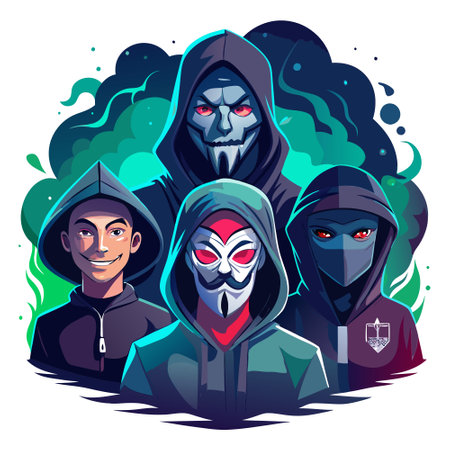Army of hackers. dangerous group of hackers in hoods. Internet, virus, cybercrime, cyberattack, and system exploitation. Dark skin. Anonymous. A dark background is covered in abstract smoke. AI generated. Vector iconのイラスト素材