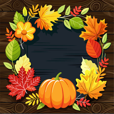 Autumn frame with cute colorful leaves and pumpkins. Thanksgiving and Harvest day trendy black wooden background with beautiful leaves. Fall leaf border with copy space. AI generated. Vector iconのイラスト素材