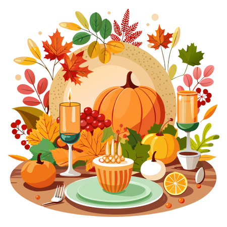 Autumn themed table setting with pumpkins leaves and berries Copy space background with copyspace for text. AI generated. Vector iconのイラスト素材