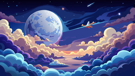Beautiful realistic flight over cumulus lush clouds in the night moonlight. A large full moon shines brightly on a deep starry night.. AI generated. Vector iconのイラスト素材