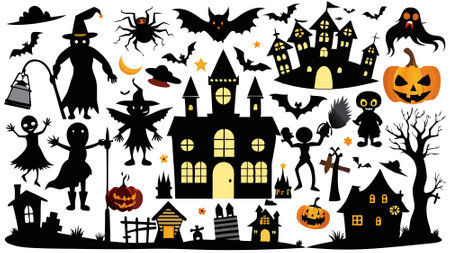 Big set of silhouettes of Halloween on a white background.. AI generated. Vector iconのイラスト素材