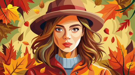 Autumn portrait of a woman wearing hat and sweater. AI generated. Vector icon