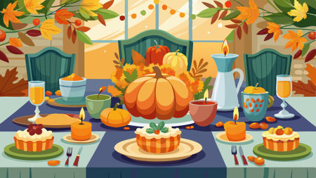 Autumn table setting with pumpkins and flowers for Thanksgiving celebration. . AI generated. Vector iconのイラスト素材