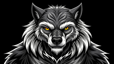 Black and white photorealistic studio portrait of a werewolf on black background. AI generated....