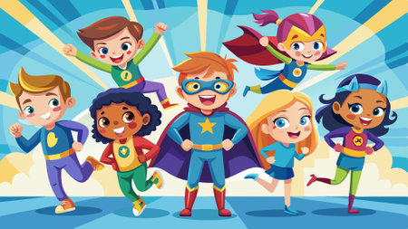 Boys and girls play together in colorful costumes, embodying superhero characters with limitless imagination.. AI generated. Vector iconのイラスト素材
