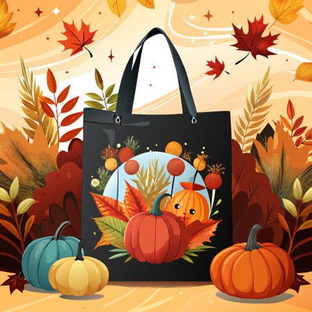 Blank Black Tote Bag Mockup Halloween Styled Stock Photography Mock Up in Rustic Fall Setting. AI generated. Vector iconのイラスト素材