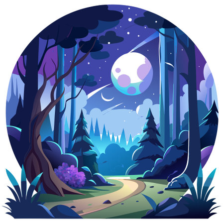 Bright moon over magical dark fairy tale forest. AI generated. Vector iconのイラスト素材