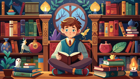 Boy sitting with book in library by the bookshelves with many old books. Fairy tales. Vintage style....