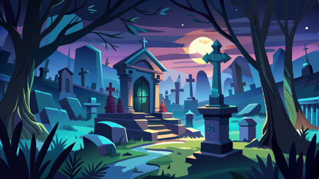 Cemetery with a darksynth vibe, the scene capturing the eerie and atmospheric nature of the...