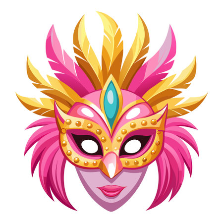 Carnival mask 3d render illustration. Pink face masquerade mask decorated with yellow feathers for holiday party or festival concept. AI generated. Vector iconのイラスト素材