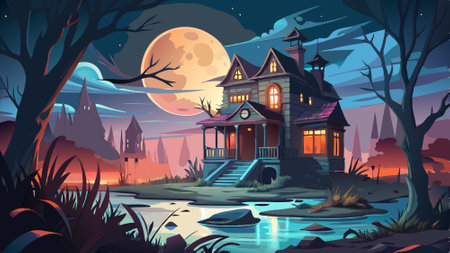 Creepy burn haunted mansion in a swamp at night.Horror house with full moon Haunted House Scene background. 3D Rendering, illustration. AI generated. Vector iconのイラスト素材