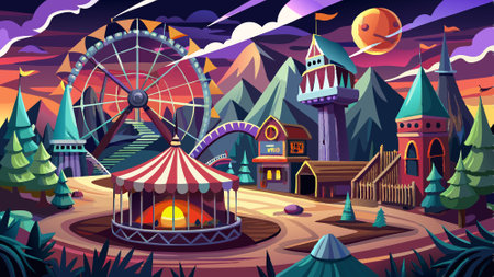 Creepy, Abandoned and Haunted Amusement Park, Fairground, Circus, Carnival, Digital Illustration, Concept Art, . AI generated. Vector iconのイラスト素材
