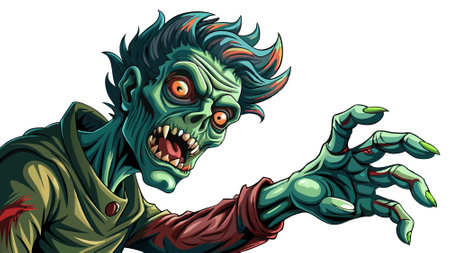 Creepy zombie trying to reach something with hand. Close up panoramic image over white transparent background. AI generated. Vector iconのイラスト素材