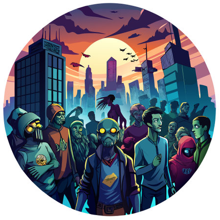 Crowd of undead zombies in post-apocalyptic city at night. illustration. AI generated. Vector iconのイラスト素材