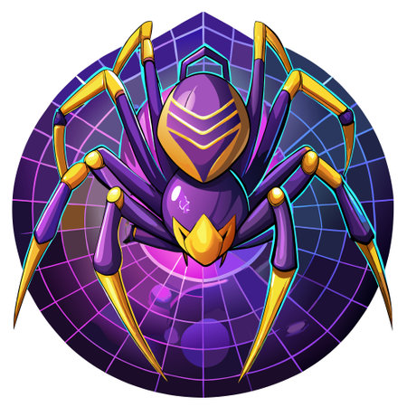 Cyberspider on digital glowing web background. Purple 3d techno insect with yellow force field creates glowing network to protect and hack system. AI generated. Vector iconのイラスト素材