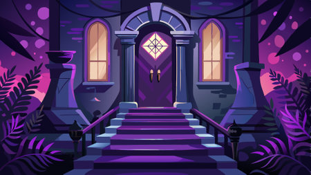 Dark romantic illustration of purple black door with stair. AI generated. Vector iconのイラスト素材