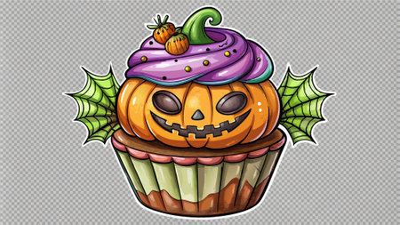 Delicious Vintage Halloween Cupcake Watercolor, Retro Sweet and Spooky Dessert, Pumpkin, Spider. Isolated on Transparent Background. . AI generated. Vector iconのイラスト素材