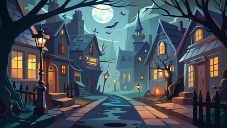 Dark night street in fog, Halloween background. AI generated. Vector iconのイラスト素材